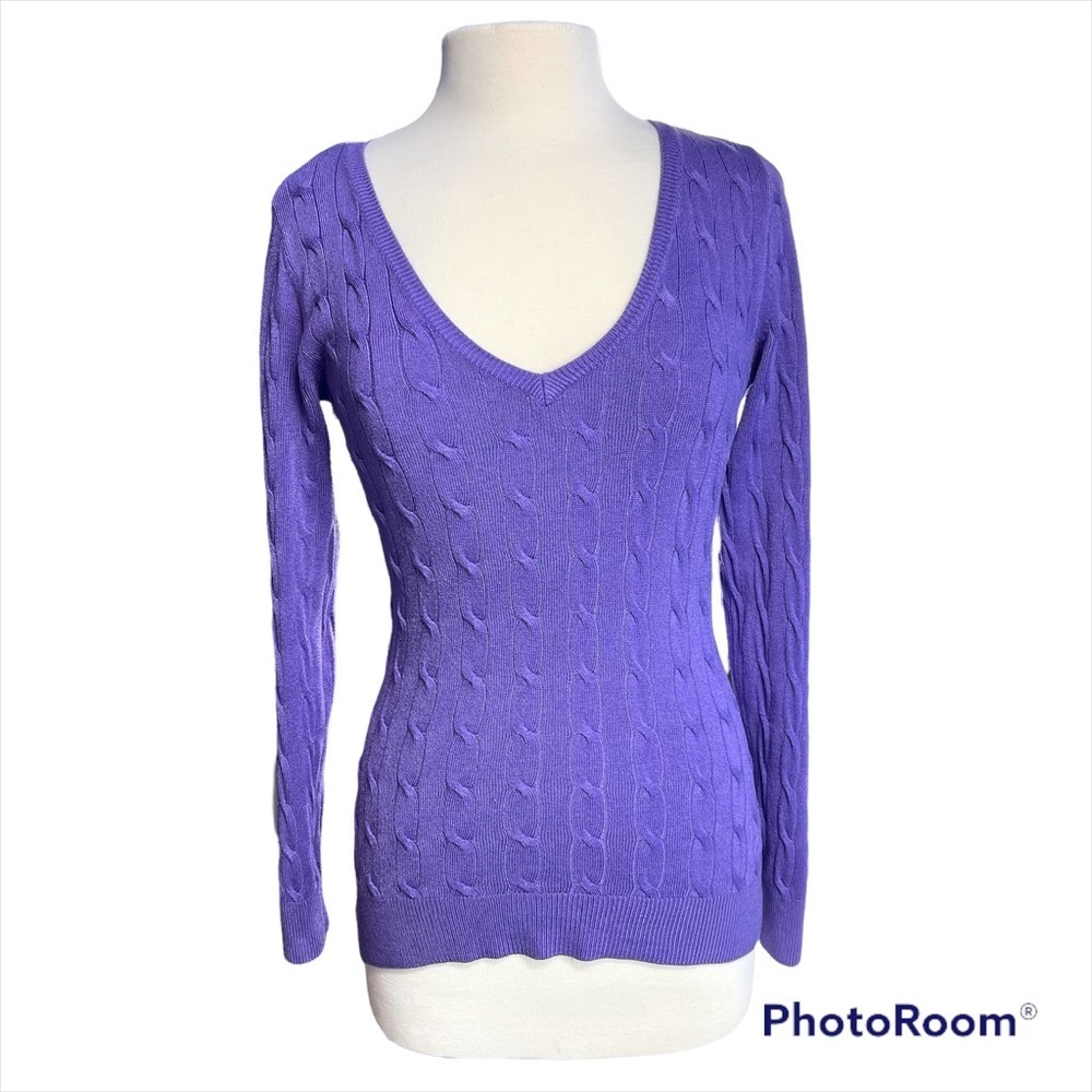 Strand V-Neck Cable Knit Sweater Purple Long Sleeve Preppy Size M